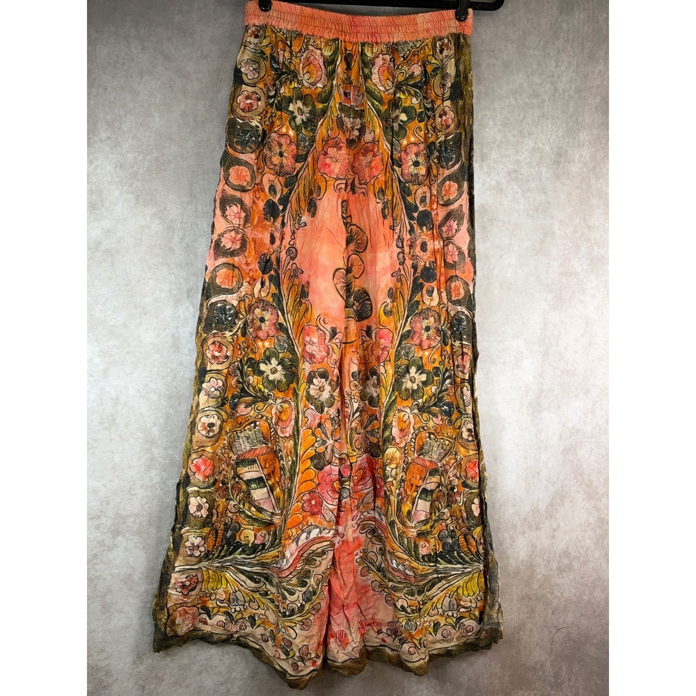 Natural Life Palazzo Pants Medium Coral Floral Wide Leg Boho Rayon Side Slits